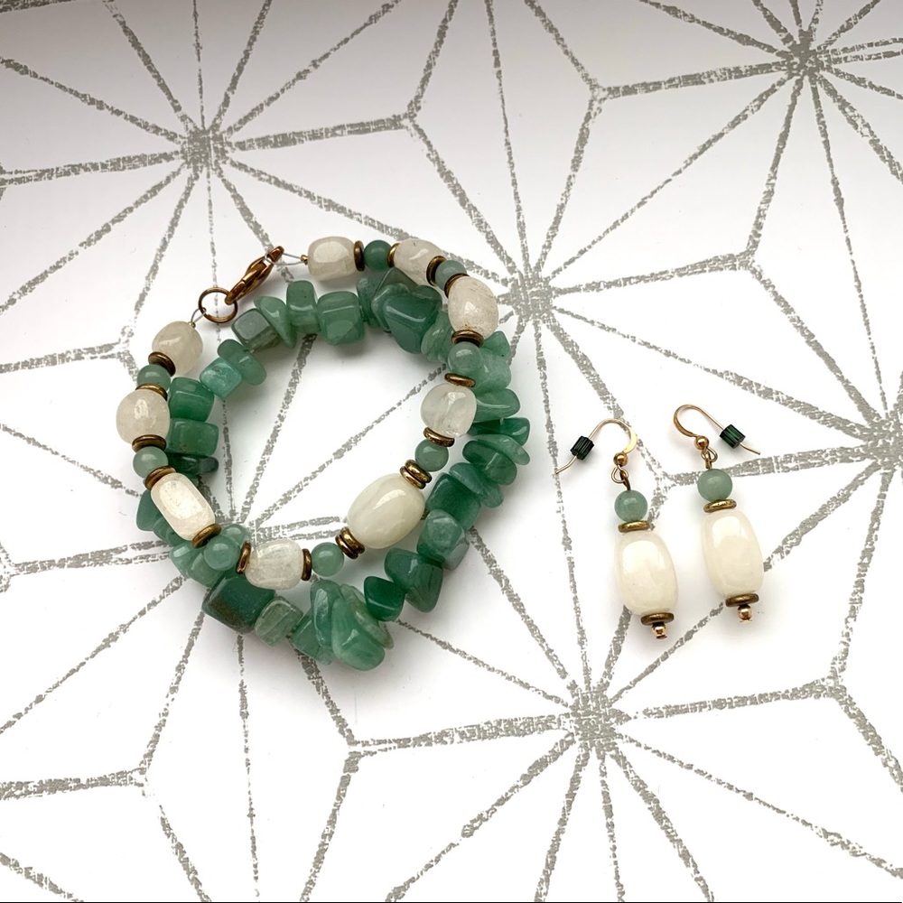 Bohemian Women’s Stone Beaded Bracelet and Earring Set Quartz and Averturine